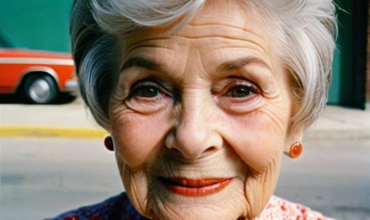 A playful pixie haircut on an elderly woman, with ends flipped outwards for added style.