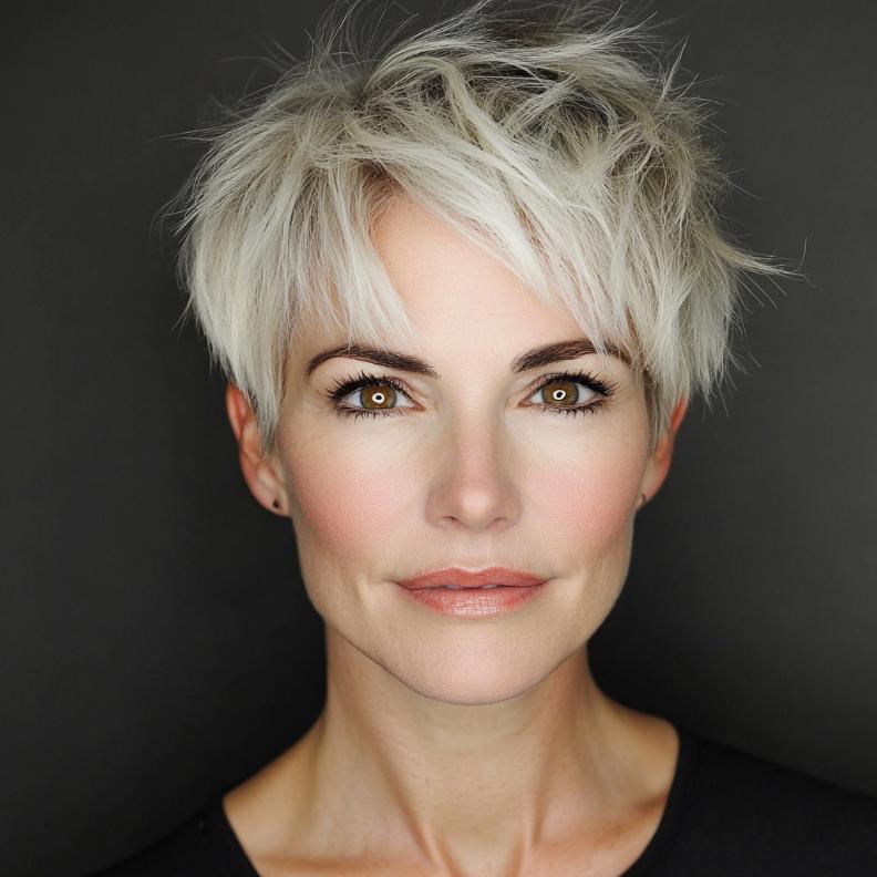 A playful tousled pixie cut for women over 40, featuring wispy bangs that add a soft and carefree touch