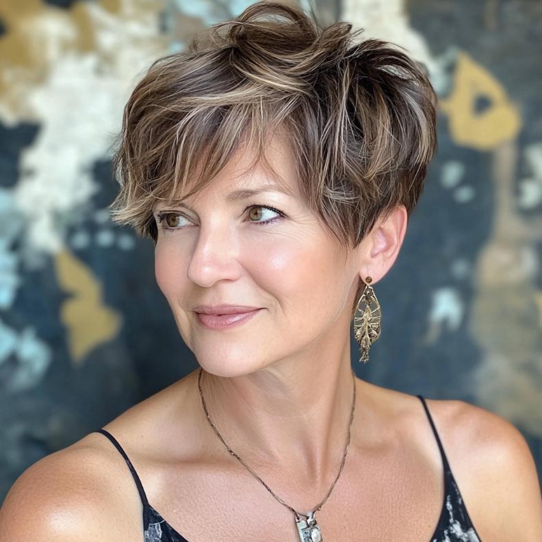 A playful wavy pixie cut for women over 40, featuring long bangs that add softness and a youthful touch