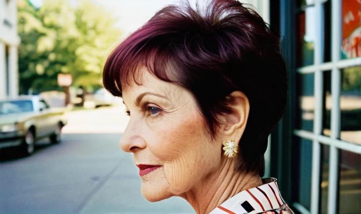 A polished and elegant pixie haircut on a woman over 60, with smooth, sleek hair.