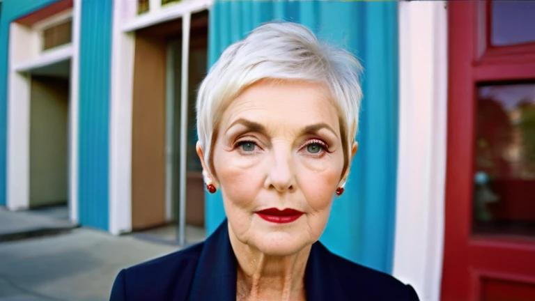 A refined woman in her 60s with a sleek, tapered pixie haircut.