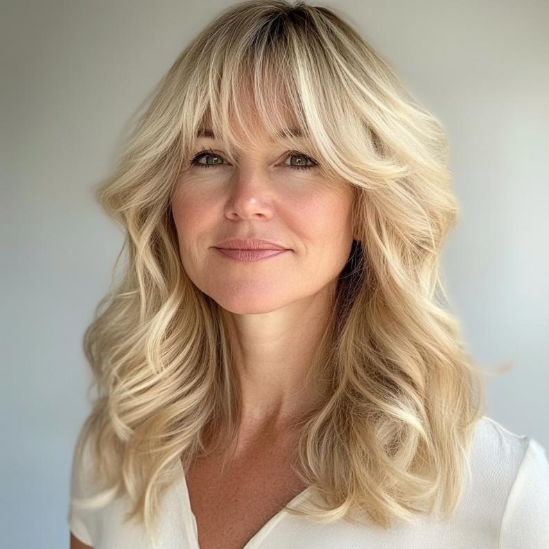 A relaxed and breezy hairstyle for women over 40, featuring beachy waves and soft curtain bangs for a laid-back, effortless style.