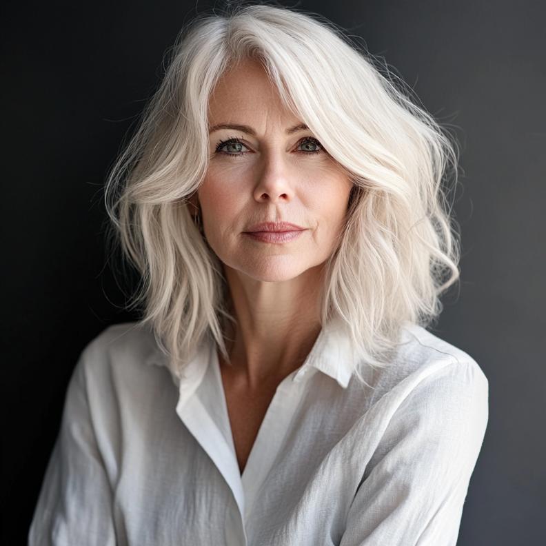 A relaxed and stylish older woman with a tousled lob, giving her hair a carefree and textured finish.