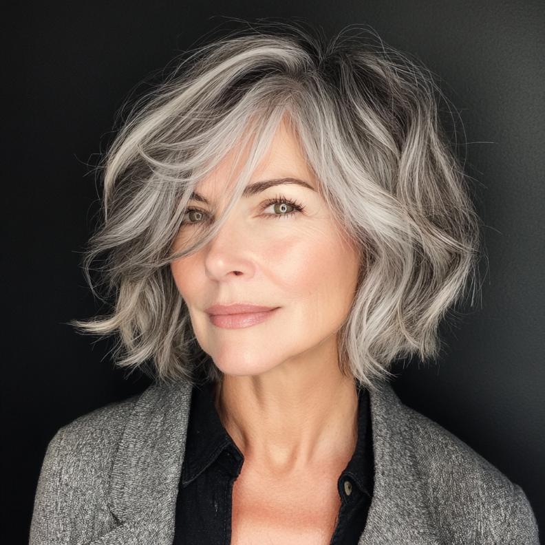 A relaxed gray messy bob with textured layers for women over 50, offering a laid-back and stylish vibe.