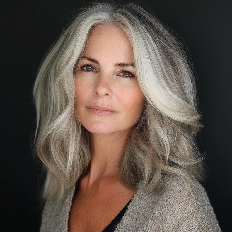 A relaxed gray messy wave with a middle part for women over 50, offering a casual and stylish appearance.