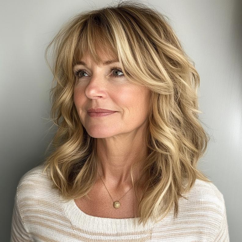 A relaxed hairstyle for women over 40, with tousled waves and curtain bangs that create a casual, beachy vibe