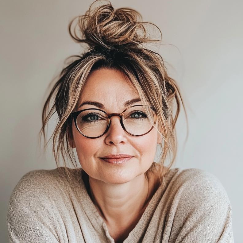 A relaxed, messy bun with loose strands framing the face, ideal for a casual yet stylish look for women over 40 with glasses.