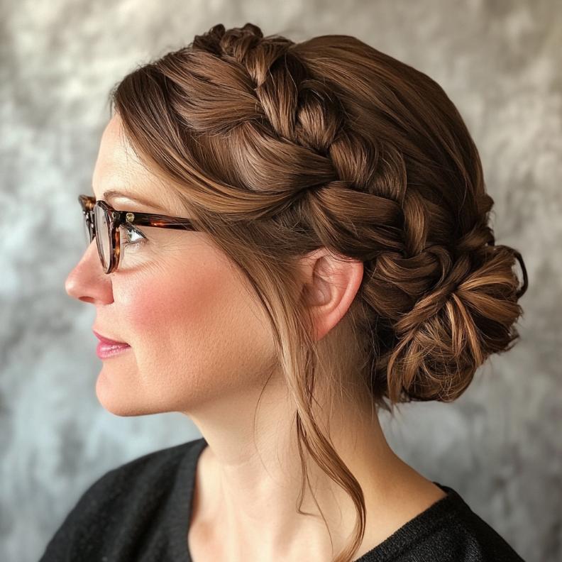 A romantic braided crown updo that keeps the hair off the face, perfect for women over 40 with glasses.