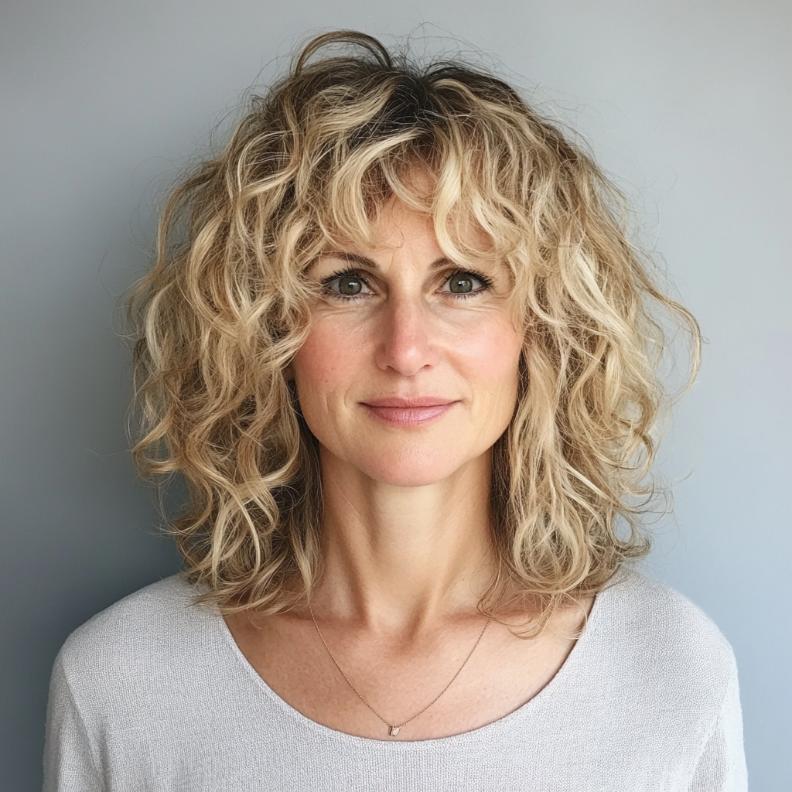 A romantic curly lob hairstyle for women over 40, with soft bangs that add a feminine and gentle touch.