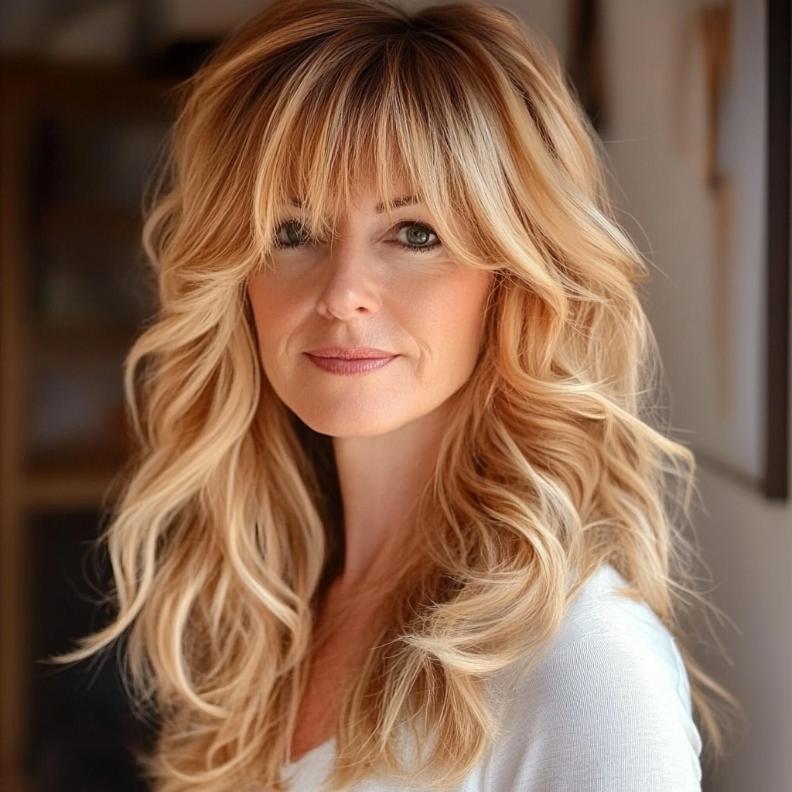 A romantic hairstyle for women over 40, with soft waves and long, flowing bangs that add elegance and grace