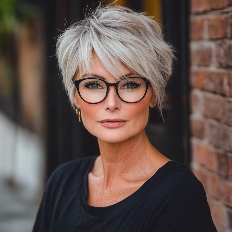 A sassy pixie with long bangs, a playful and chic short hairstyle for women over 50 with glasses, framing the face beautifully.