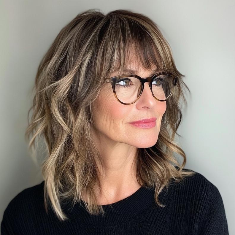 A shag cut with layers and wispy bangs, providing a relaxed and trendy look for women over 40 with glasses.