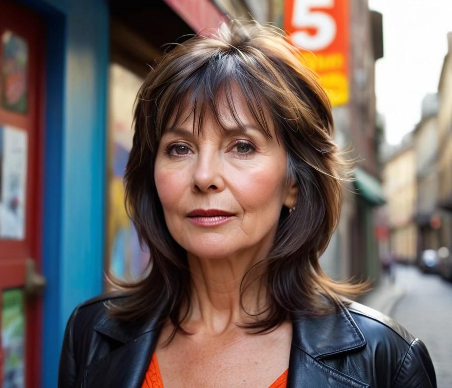 A shag haircut with delicate wispy layers and long bangs, adding volume without heaviness, ideal for women over 50.