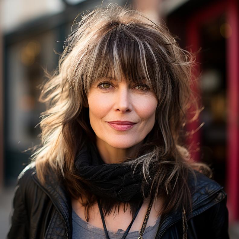 A shag haircut with flicked layers and feathered bangs, adding movement and a playful touch for women over 50.