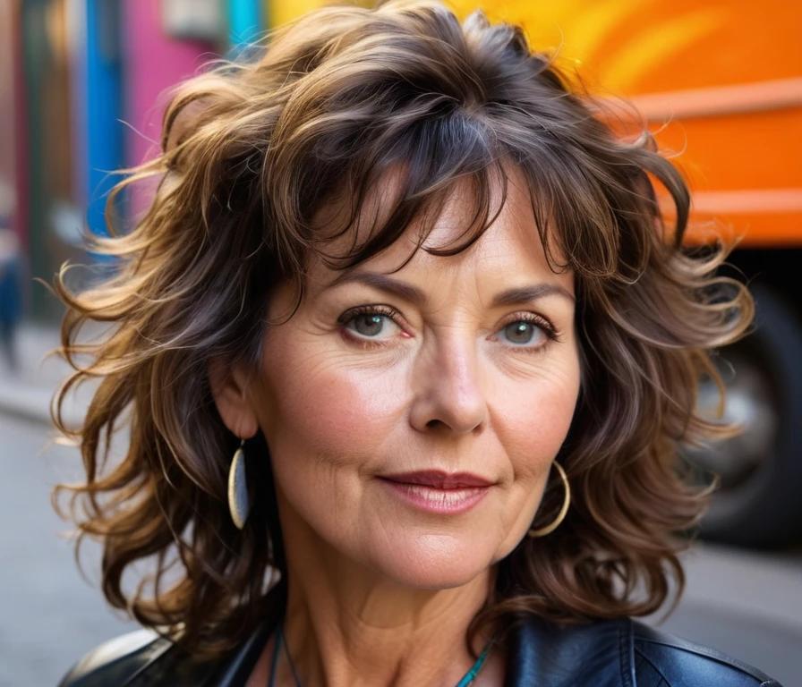 A shag haircut with naturally messy curls, creating a carefree and youthful look for women over 50.