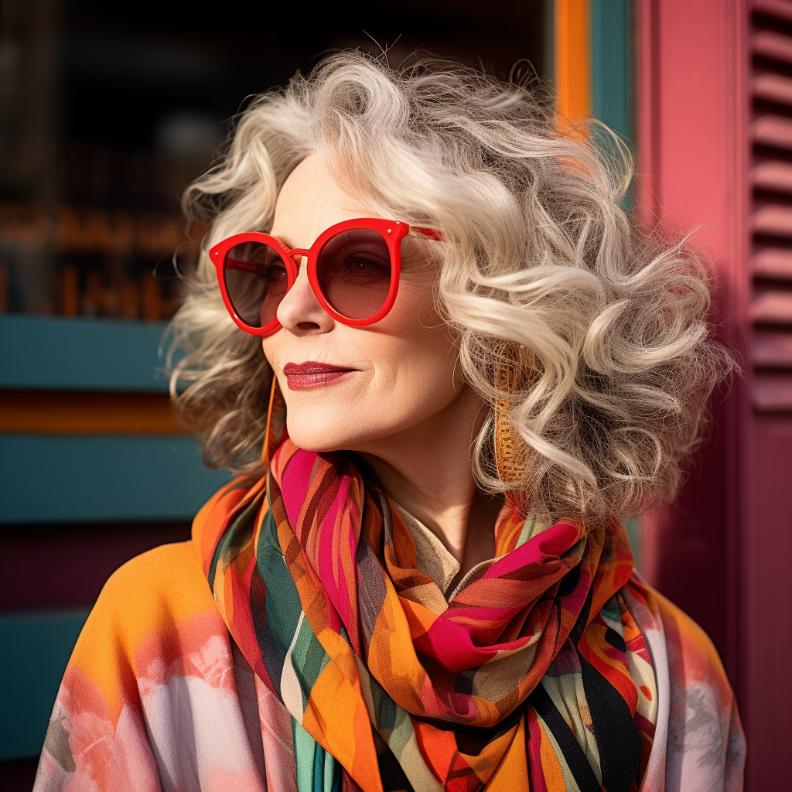 A shag hairstyle with layered curls and highlights, adding dimension and color for a vibrant look for women over 50.