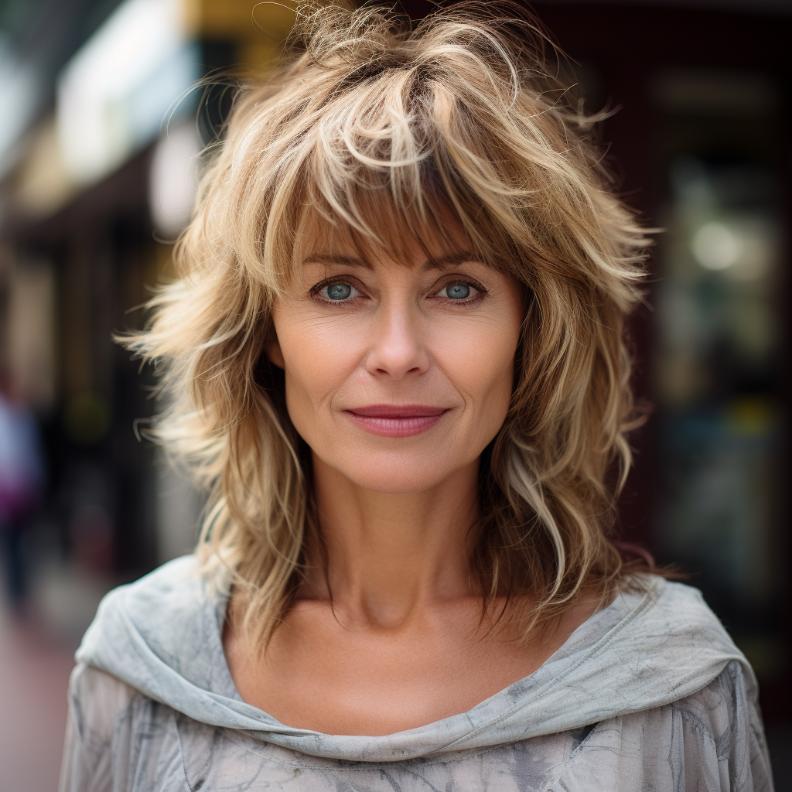 A shaggy lob haircut with side-swept bangs, offering a trendy and stylish look for women over 50.