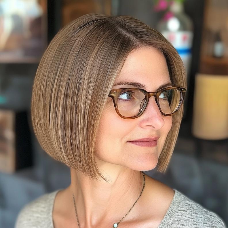 A sharp, chin-length blunt bob that emphasizes a clean, sophisticated style for women over 40 with glasses.