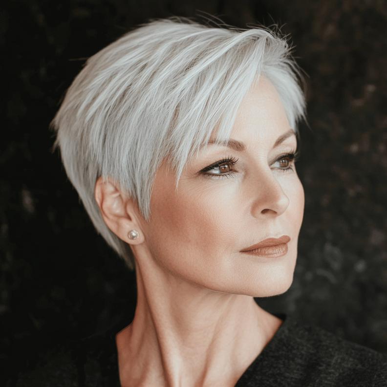 A sharp gray short tapered cut for women over 50, providing a sleek and modern silhouette.