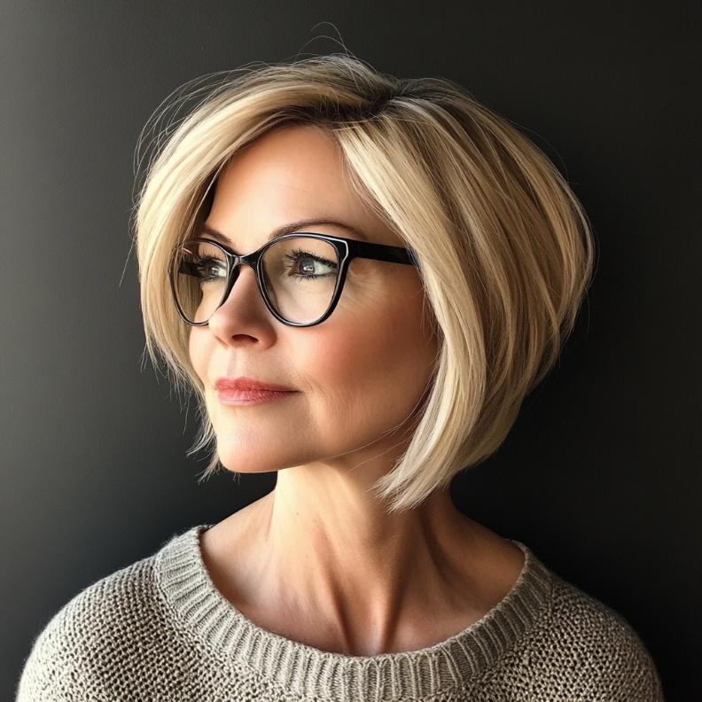 A short asymmetrical bob, a contemporary and stylish short hairstyle for women over 50 with glasses, with uneven lengths adding interest.