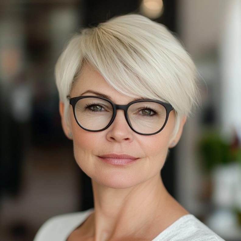 A short blunt cut, a sharp and minimalist short hairstyle for women over 50 with glasses, ideal for a bold and fashionable look.