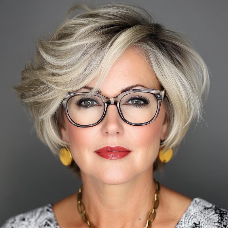 A short bob with added volume at the crown, offering a fuller and more dramatic style for women over 40 with glasses.