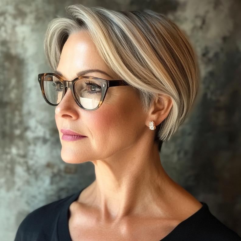 A short bob with an undercut, an edgy and modern short hairstyle for women over 50 with glasses, adding a unique twist.