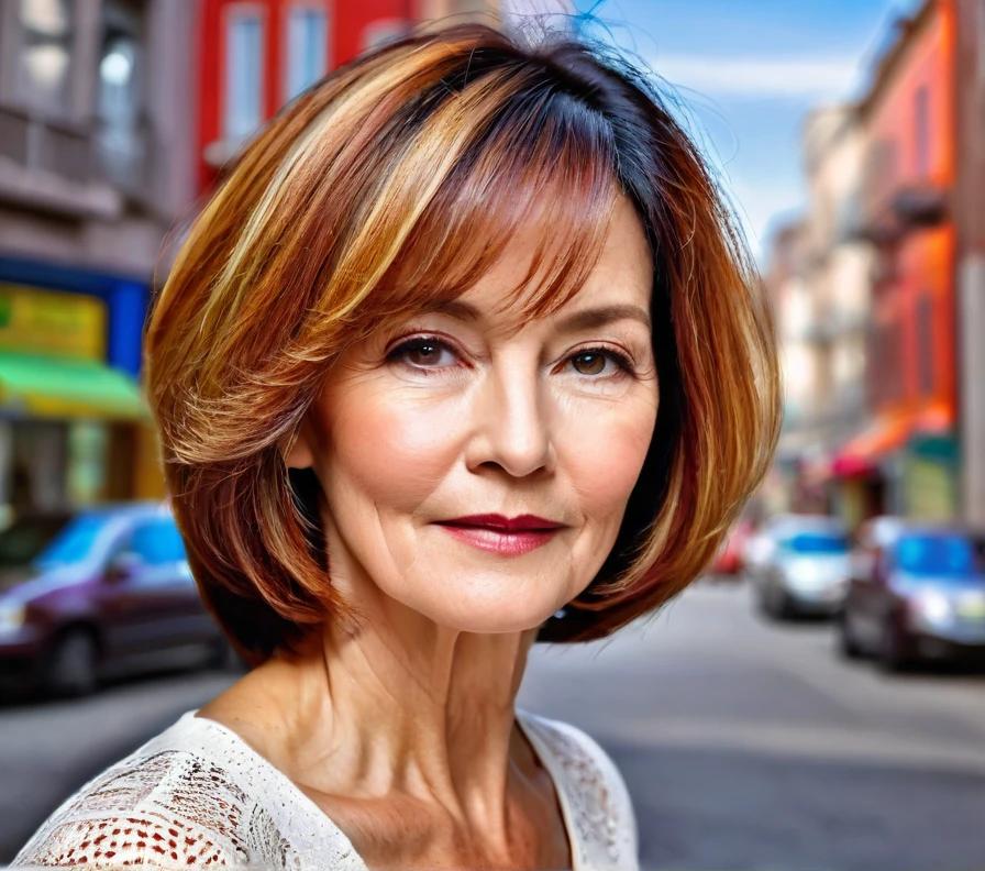 A short bob with face-framing highlights, creating depth and accentuating the features of women over 50 with round faces.