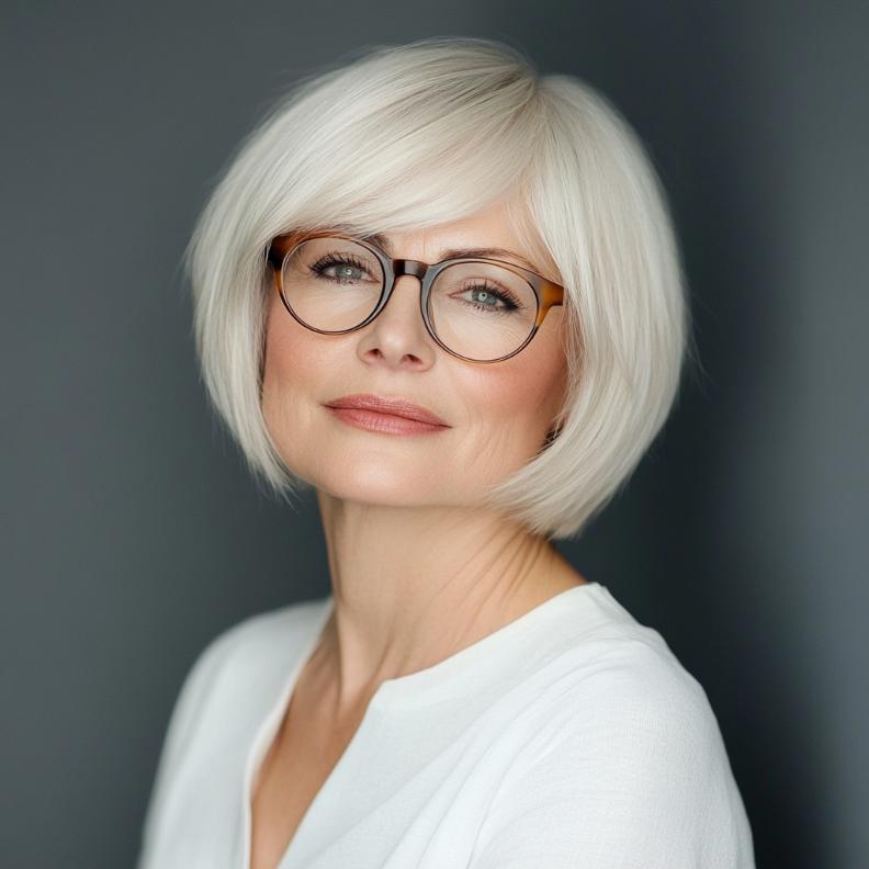 A short bob with wispy bangs, a soft and youthful short hairstyle for women over 50 with glasses, adding a delicate and feminine touch.