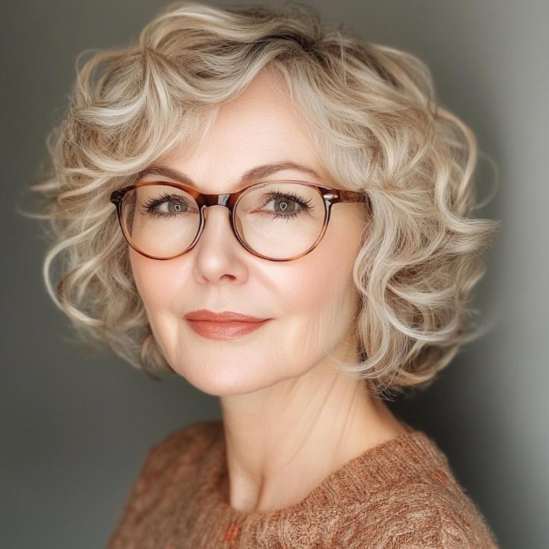 A short curly bob, a lively and textured short hairstyle for women over 50 with glasses, celebrating natural curls.