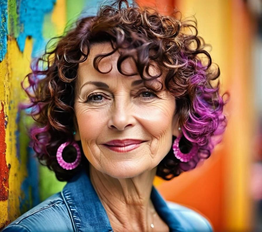 A short curly bob for women over 50 with round faces, enhancing natural curls and adding height to the crown.