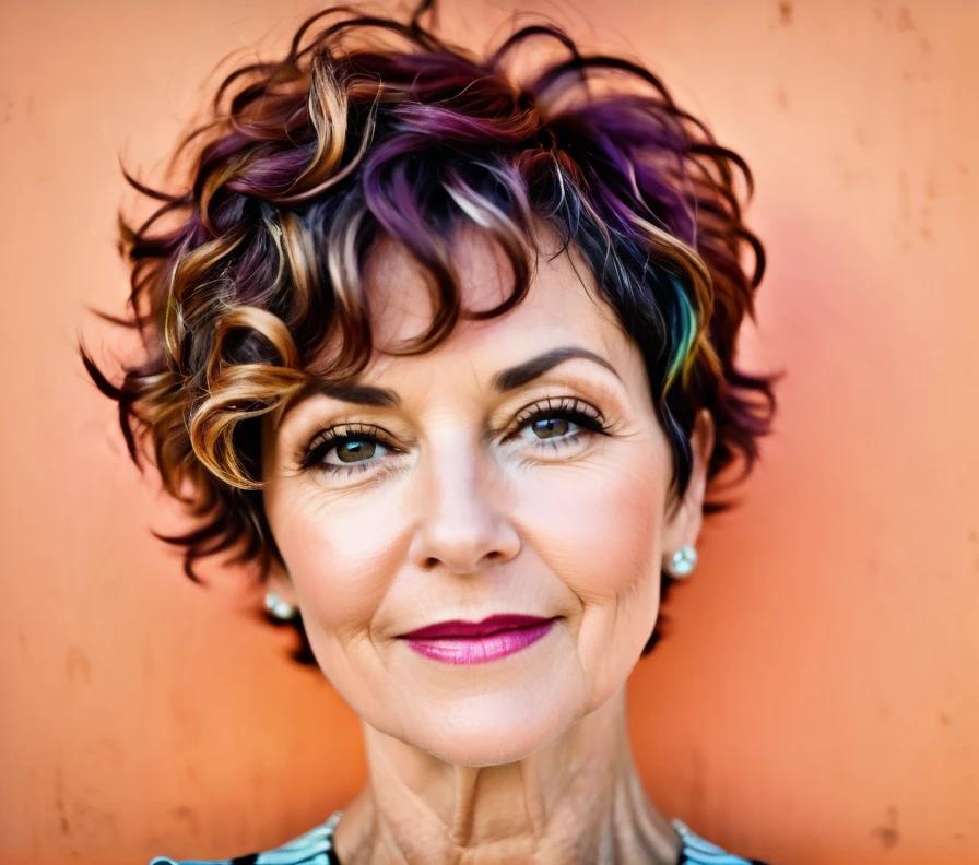 A short curly pixie cut, adding texture and volume, drawing attention upwards for women over 50 with round faces.