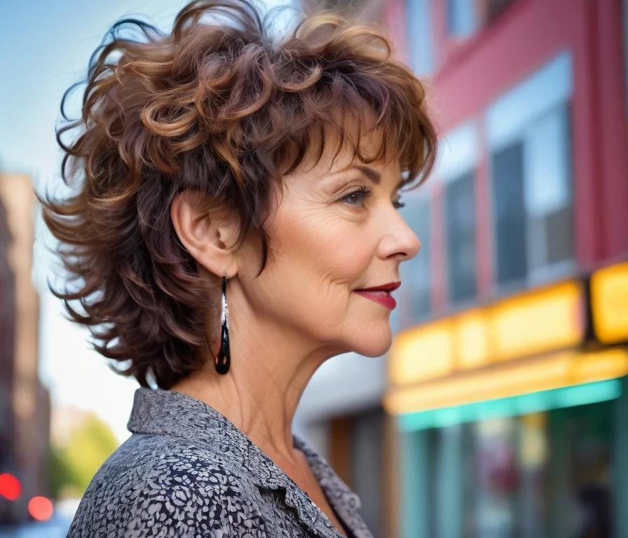 A short curly shag haircut with tapered sides, offering a chic and feminine style for women over 50.