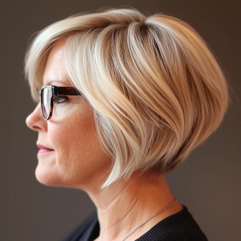 A short inverted bob, a stylish and voluminous short hairstyle for women over 50 with glasses, creating a fuller and dynamic look.