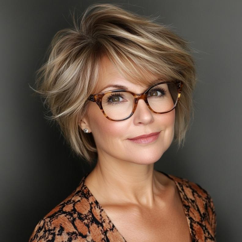 A short layered bob, a versatile and dynamic short hairstyle for women over 50 with glasses, adding movement and volume.