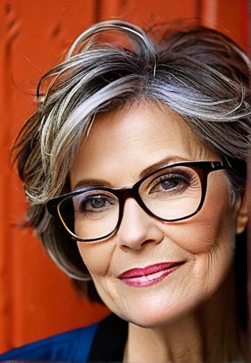 A short, layered haircut with subtle highlights, designed for mature women with glasses.