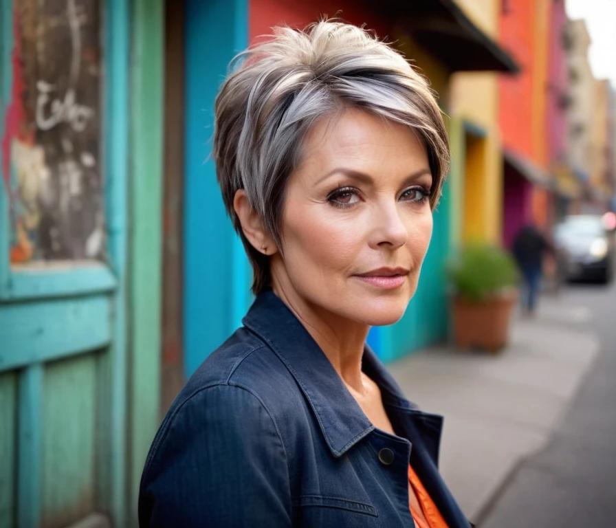 A short pixie shag hairstyle with a tapered back, combining ease of maintenance with a stylish and modern appeal for women over 50.