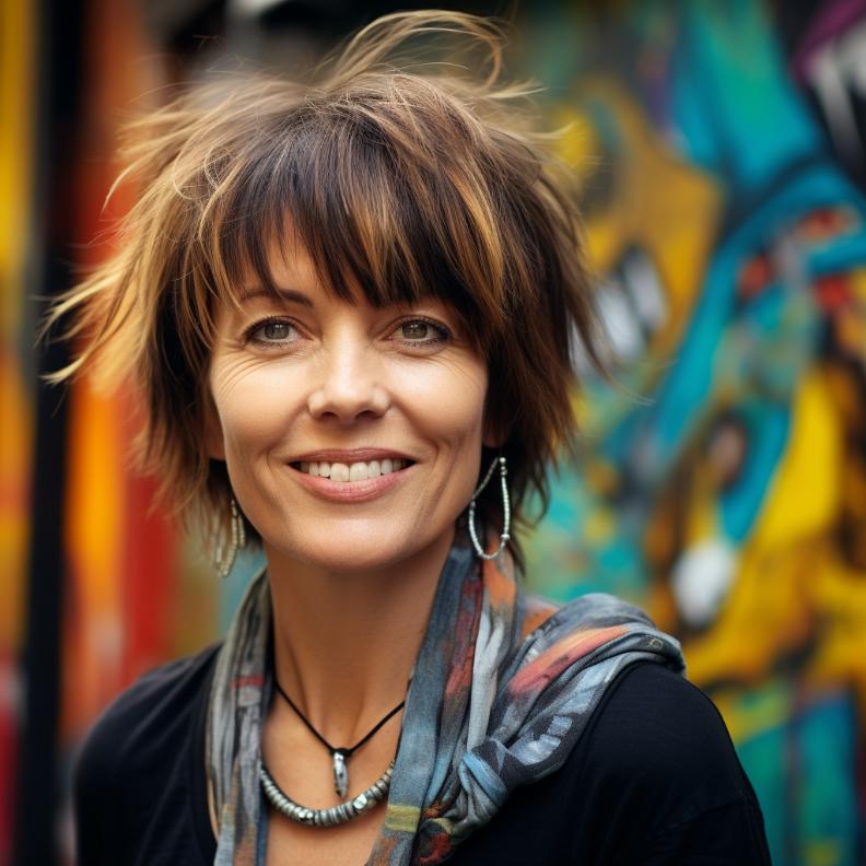 A short shag haircut with asymmetrical bangs, providing a modern, trendy style for women over 50.