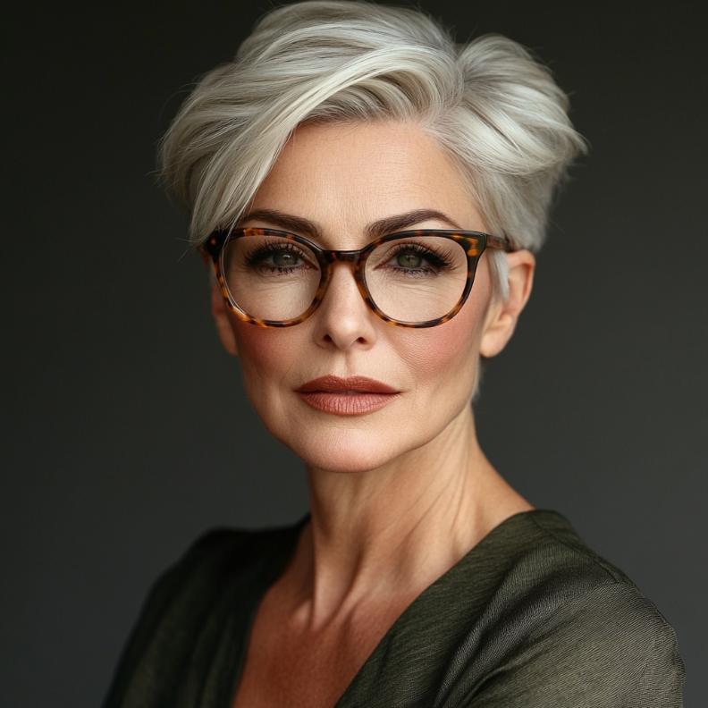 A short slicked-back pixie, a sleek and modern short hairstyle for women over 50 with glasses, perfect for a bold and contemporary look.