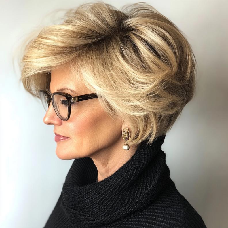 A short stacked bob, a voluminous short hairstyle for women over 50 with glasses, providing a fuller look with a chic finish.