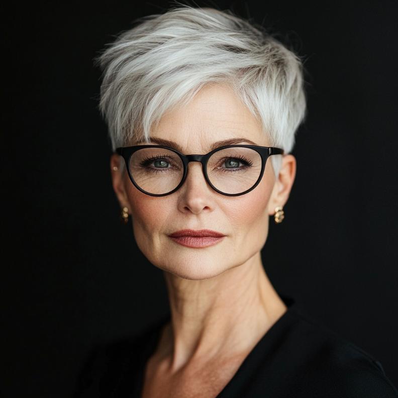 A short tapered cut, a sleek and refined short hairstyle for women over 50 with glasses, accentuating cheekbones and facial structure.