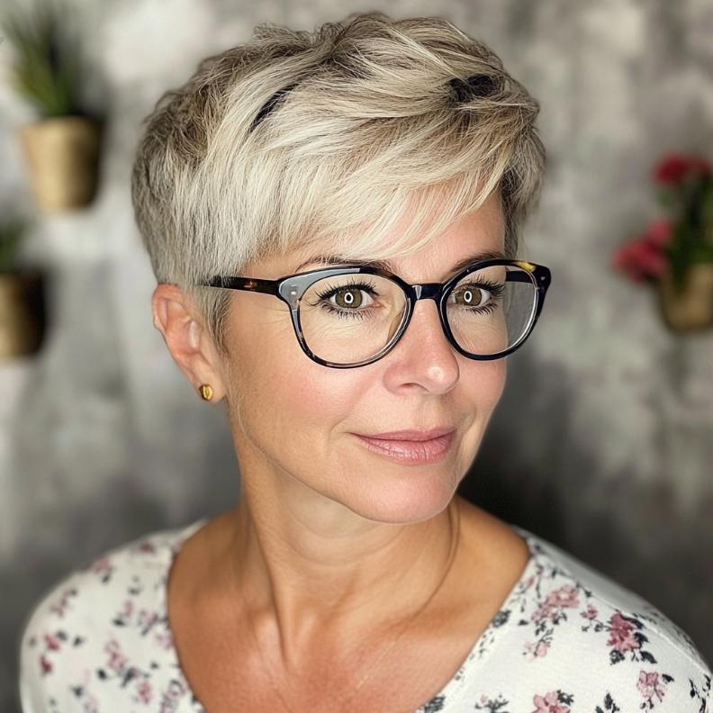 A short, textured pixie cut that adds volume and frames the face beautifully, perfect for women over 40 with glasses