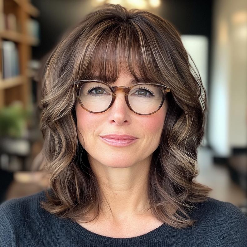 A shoulder-length lob with wispy curtain bangs, creating a stylish and youthful look for women over 40 with glasses.