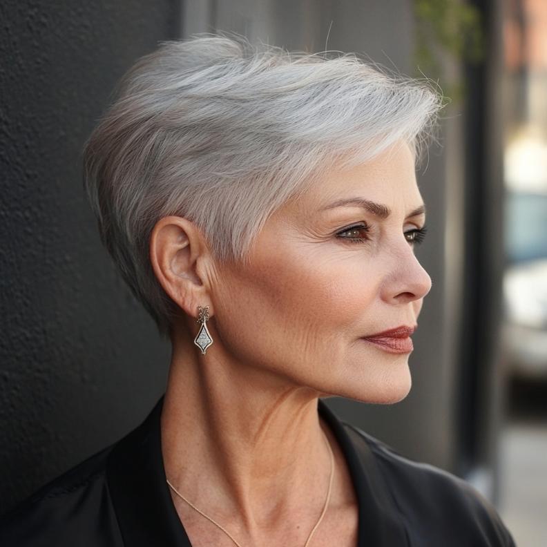 A sleek Tapered Cut with a defined side part, an elegant short hairstyle for women over 70.