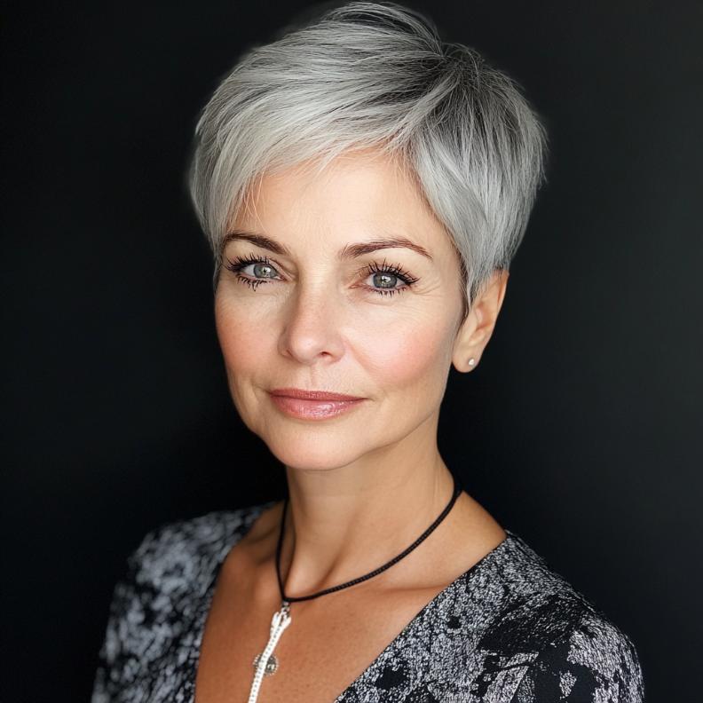 A sleek and modern gray pixie cut for women over 50, showcasing a timeless, low-maintenance style.