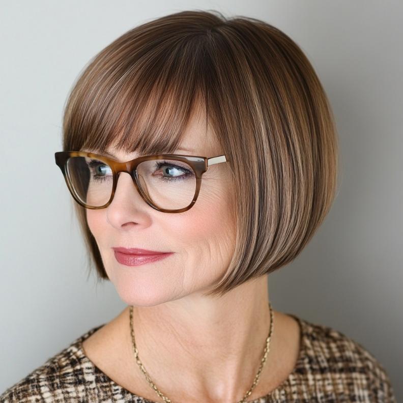 A sleek, chin-length bob with soft side bangs, ideal for women over 40 with glasses, offering a stylish and modern look.