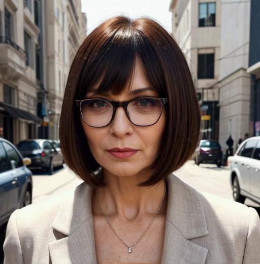  A sleek, classic bob with blunt bangs, designed for women over 50 who want a sophisticated look with glasses.