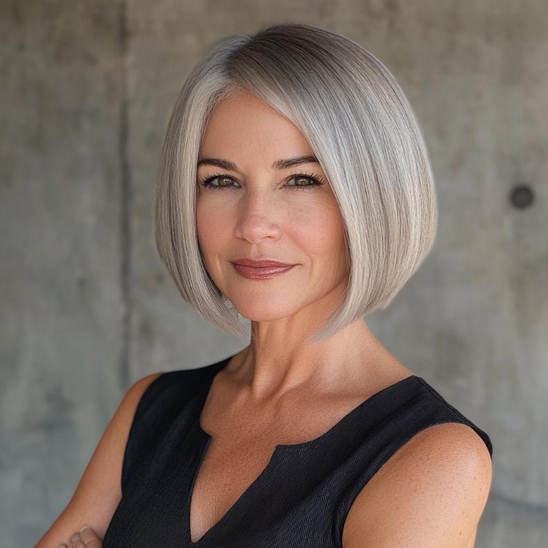 A sleek gray straight bob with subtle layers for women over 50, providing a polished and refined look.