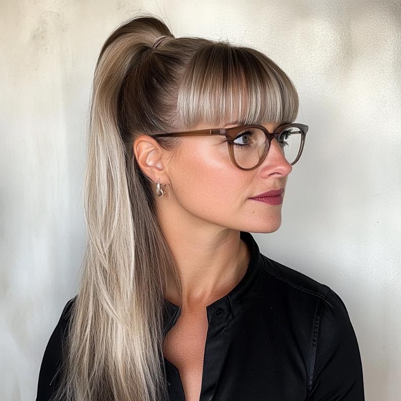 A sleek, high ponytail with soft side bangs, offering a polished and youthful style for women over 40 with glasses.