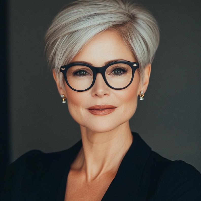 A sleek pixie with a side part, a polished and elegant short hairstyle for women over 50 with glasses, ideal for a refined look.